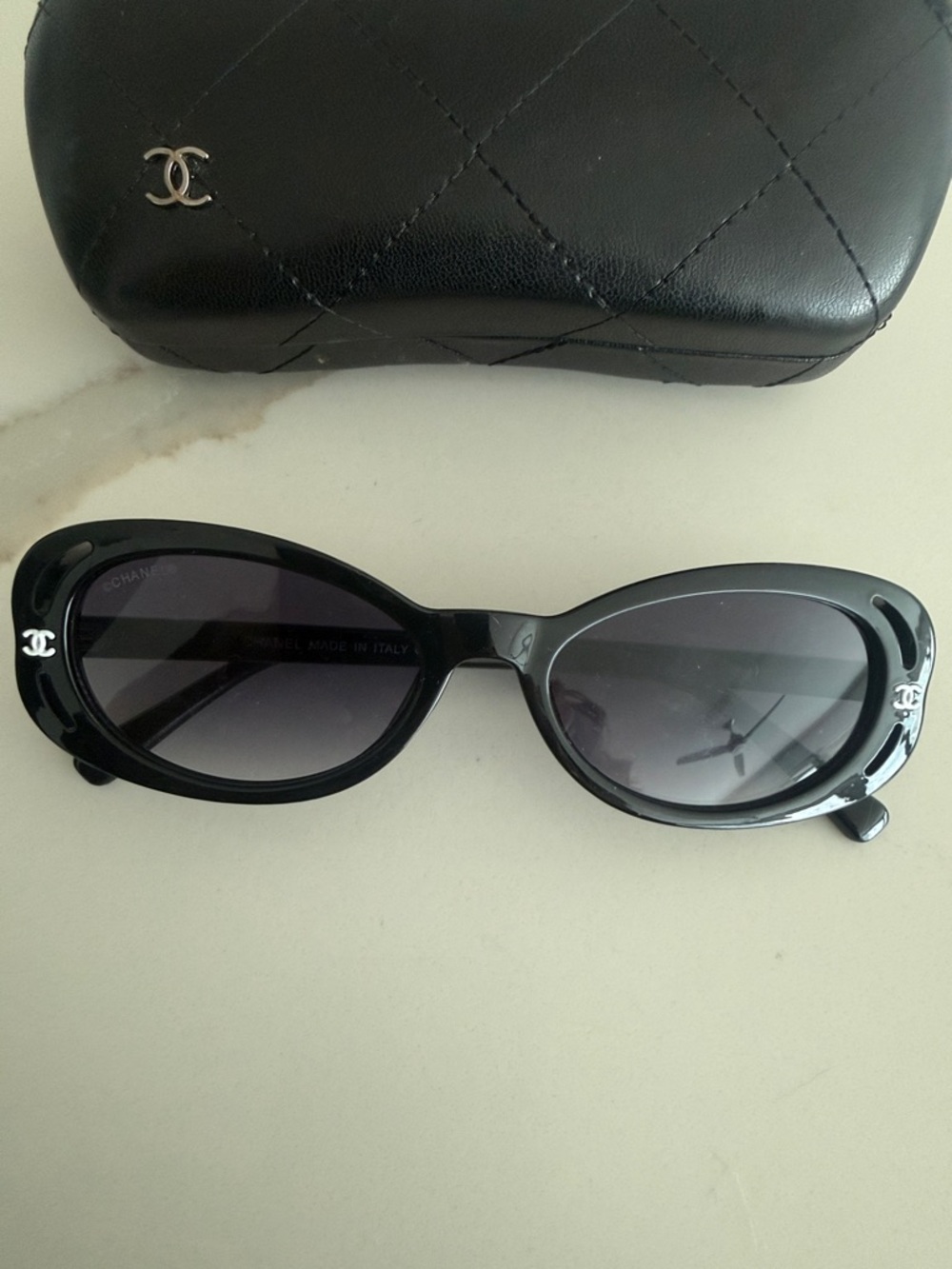 CHANEL Black Oval Sunglasses with Quilted Case